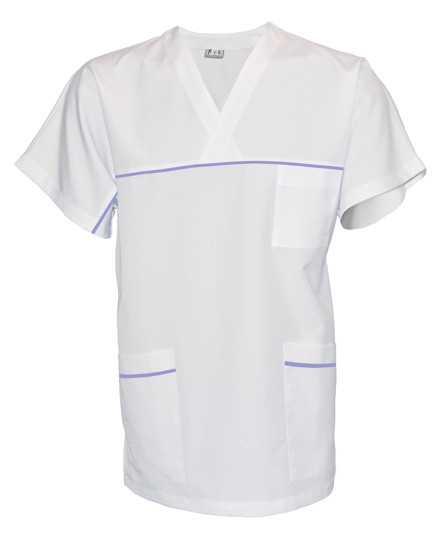 Unisex white tunic with trim - color purple, model UX