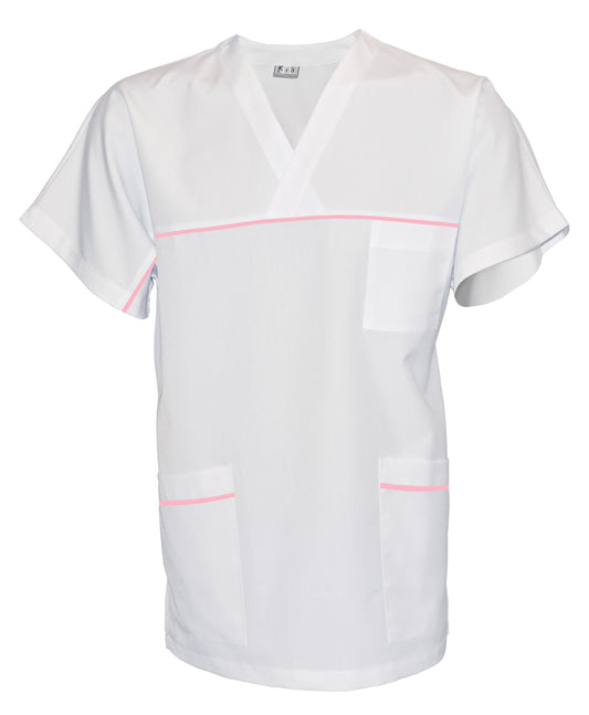 Túnica unisex blanca con ribete - color rosa, modelo UX
