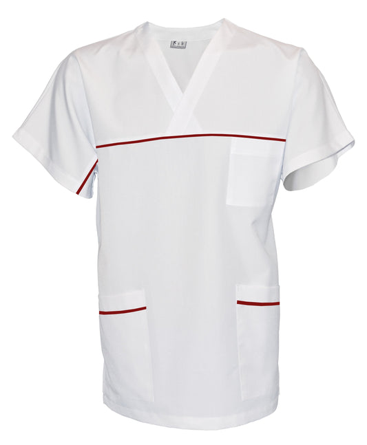 Túnica unisex blanca con ribete - color vino, modelo UX