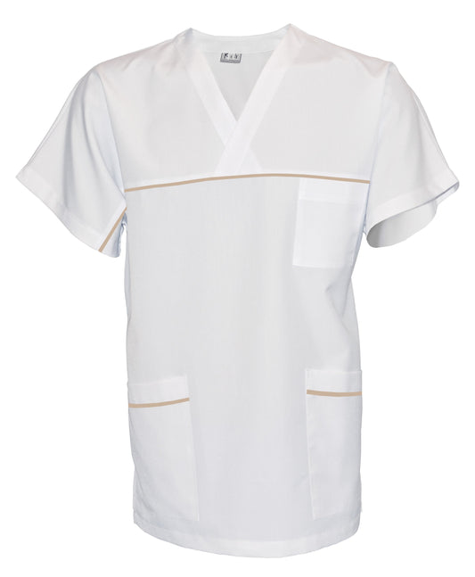 Túnica unisex blanca con ribete - color beige, modelo UX