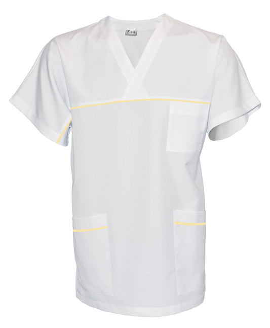 Túnica unisex blanca con ribete - color limón, modelo UX