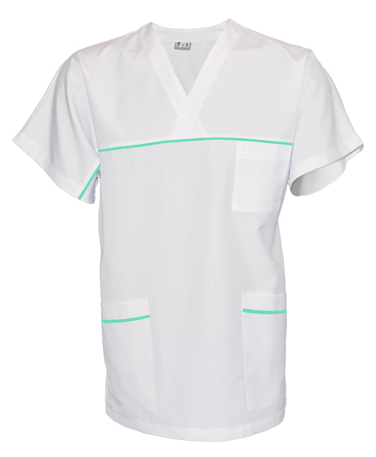 Túnica unisex blanca con ribete - color menta, modelo UX