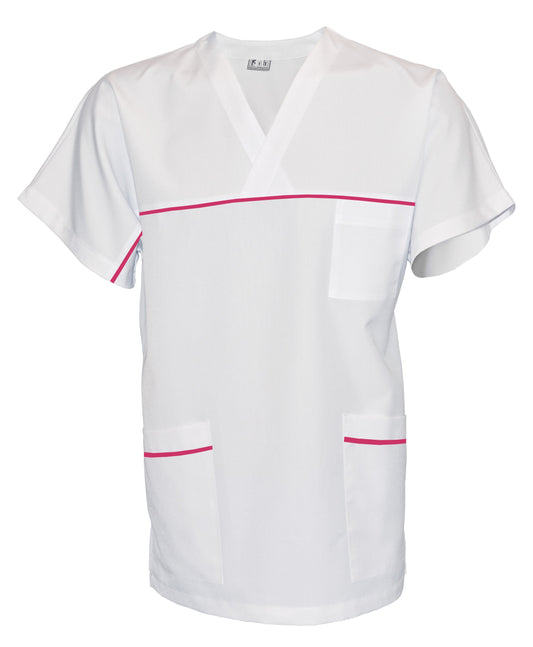Túnica unisex blanca con ribete - color ciclamen, modelo UX