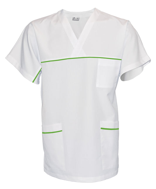 Túnica unisex blanca con ribete - color pistacho, modelo UX