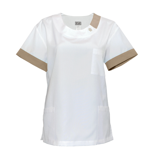 Women's white tunic with trim - beige color, model FUG