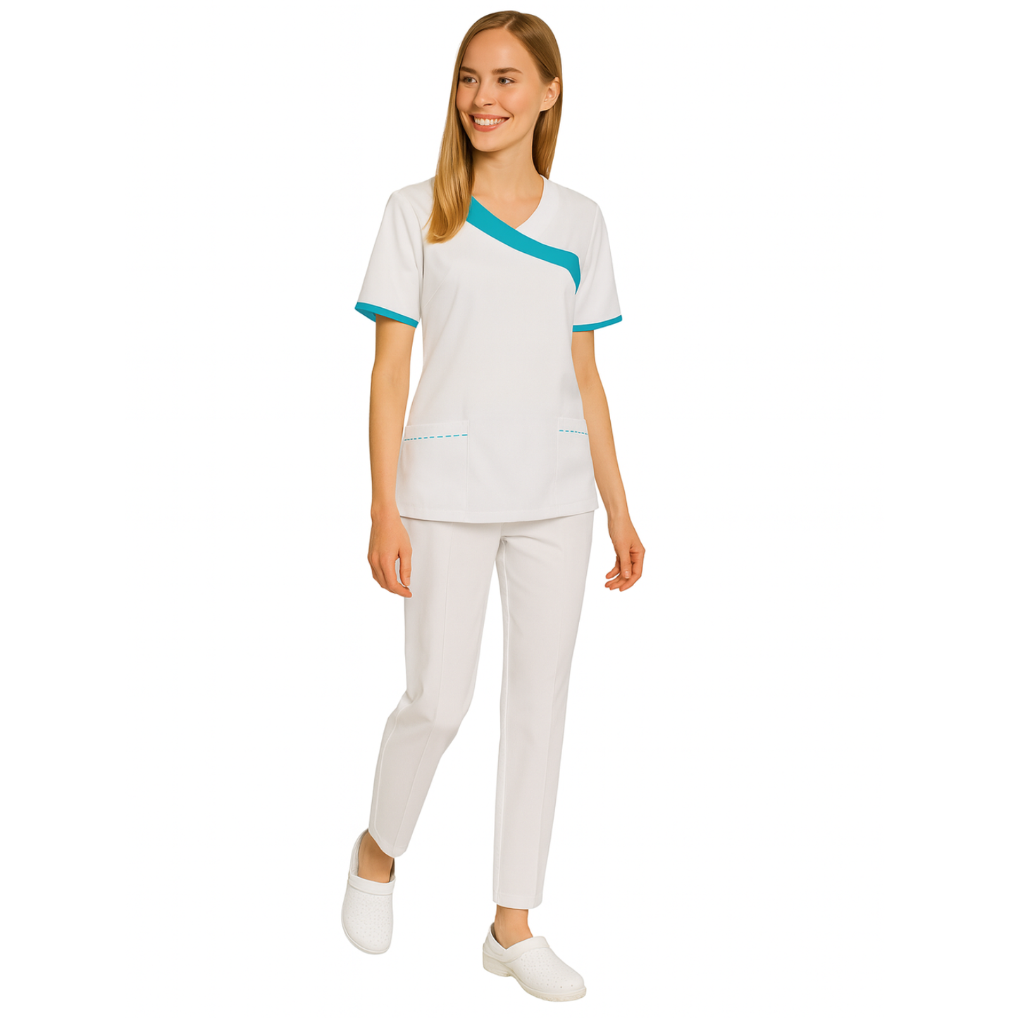 Women's white tunic with trim - color sea green, model FVDL