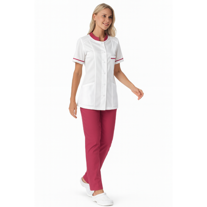 Order a women's white tunic with trimming - Cyclamen 