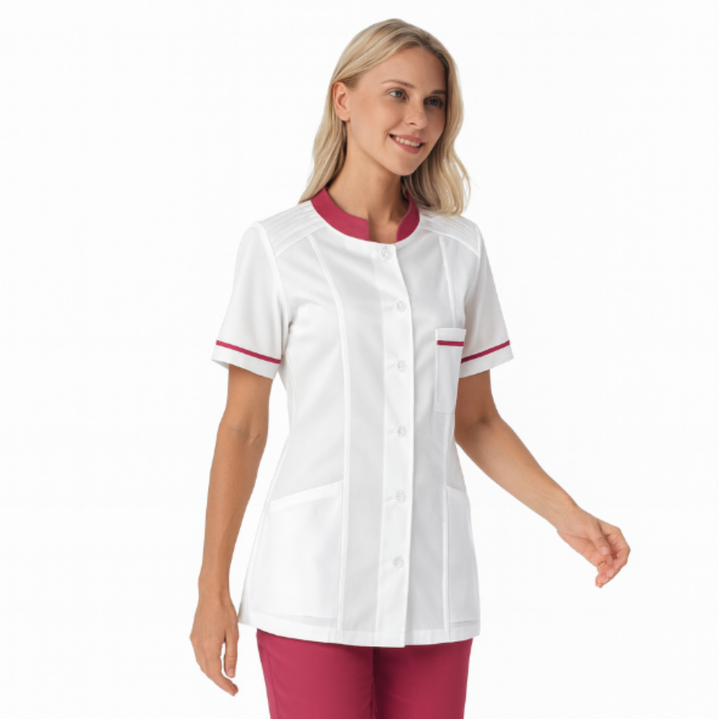 Order a women's white tunic with trimming - Cyclamen 