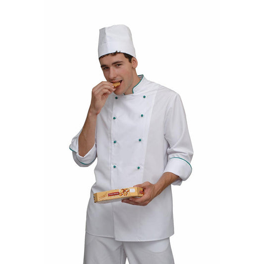 Бяла готварска манта със цветни кантове, модел GMM2 – Медицински облекла Кали