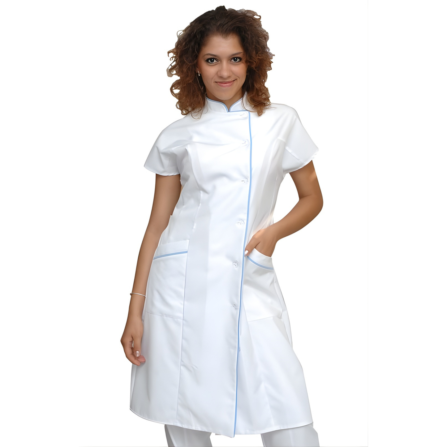 Дамска бяла престилка с гарнитура - цвят светлосин, модел F234-0605- Медицински облекла Кали