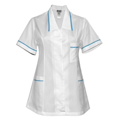 Дамска бяла туника с гарнитура - цвят светло син, модел F212-2T – Медицински облекла Кали