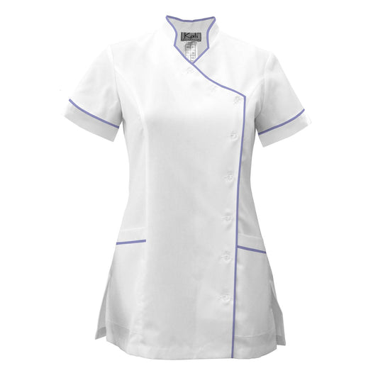 Дамска бяла туника странично закопчаване с гарнитура - цвят лилав, модел F207-4A – Медицински облекла Кали