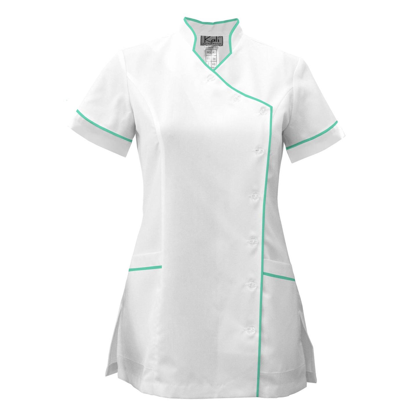 Дамска бяла туника странично закопчаване с гарнитура - цвят мента, модел F207-4A – Медицински облекла Кали