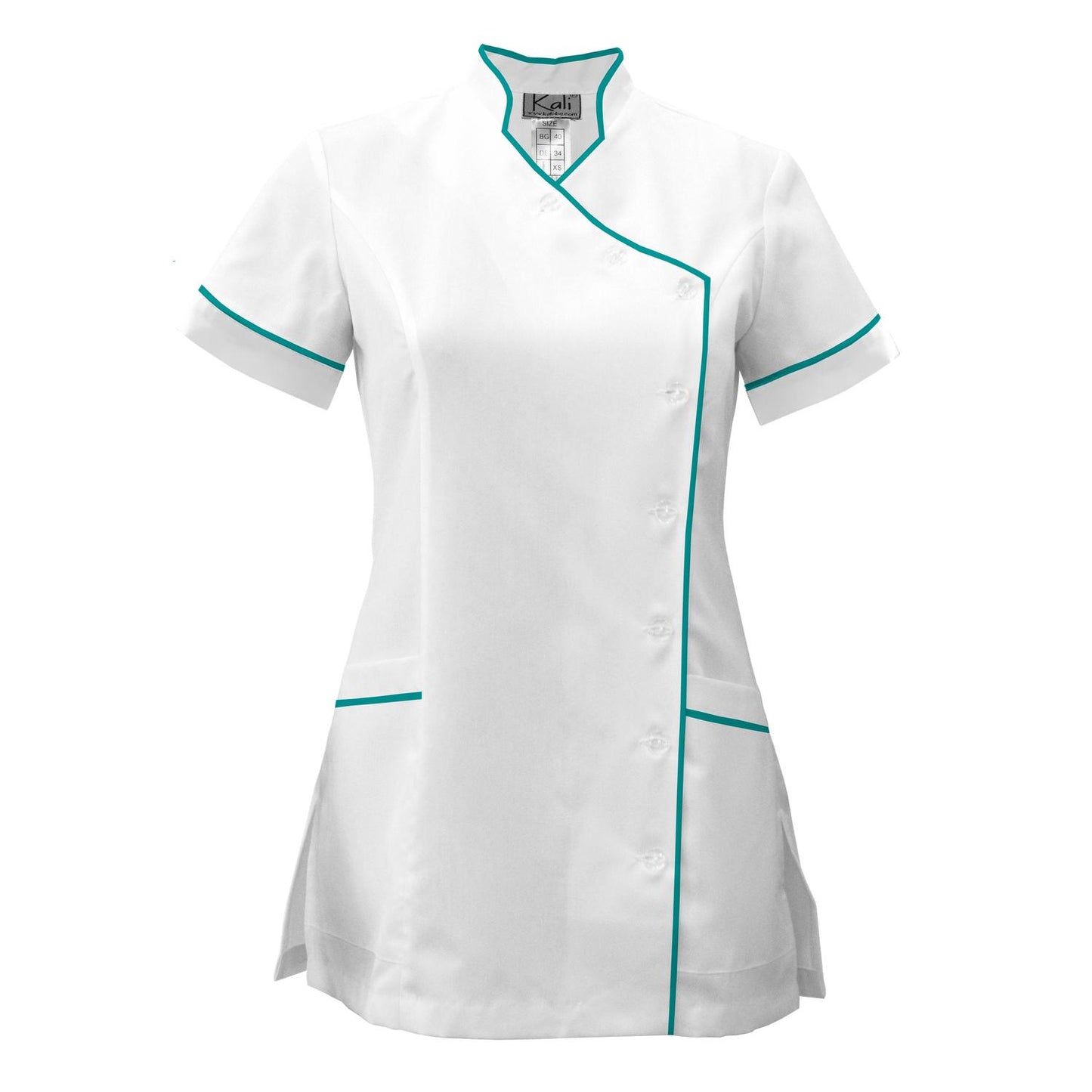 Дамска бяла туника странично закопчаване с гарнитура - цвят морско зелен, модел F207-4A – Медицински облекла Кали