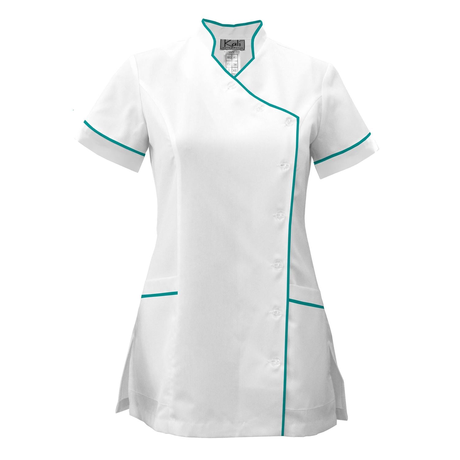 Дамска бяла туника странично закопчаване с гарнитура - цвят морско зелен, модел F207-4A – Медицински облекла Кали