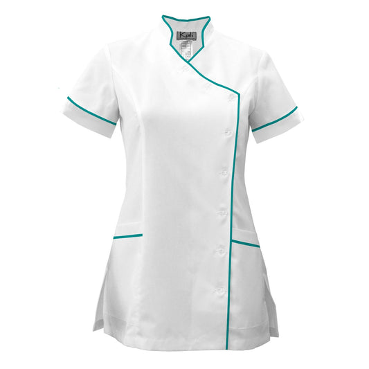 Дамска бяла туника странично закопчаване с гарнитура - цвят морско зелен, модел F207-4A – Медицински облекла Кали