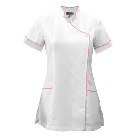 Дамска бяла туника странично закопчаване с гарнитура - цвят розов, модел F207-4A – Медицински облекла Кали