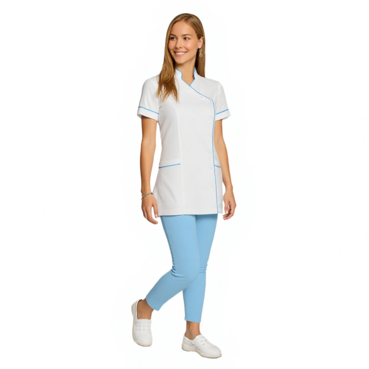 Дамска бяла туника странично закопчаване с гарнитура - цвят светло син, модел F207-4A – Медицински облекла Кали