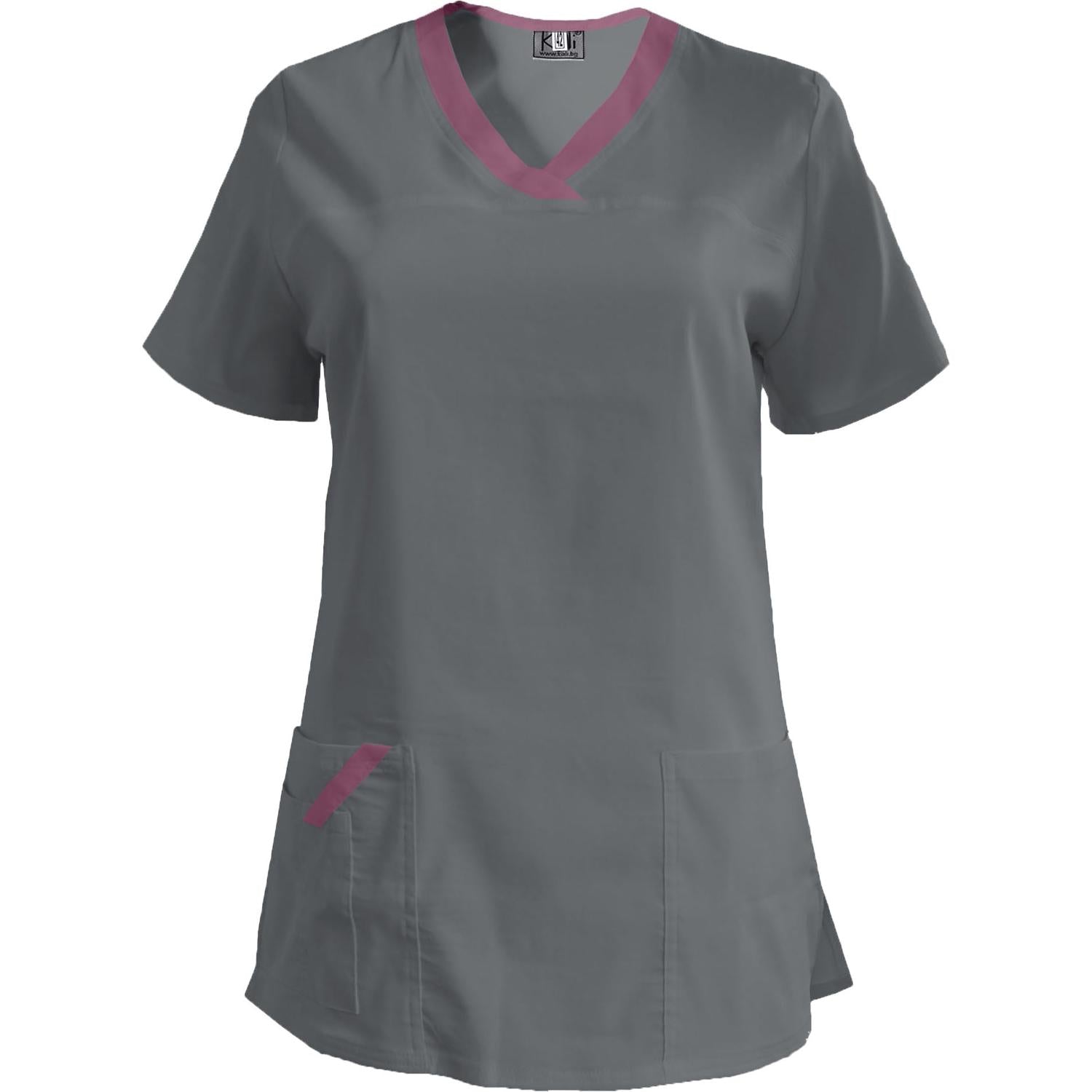 Дамска еластична туника - светло сива с кант слива, модел FVE – Медицински облекла Кали