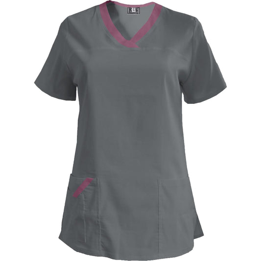 Дамска еластична туника - светло сива с кант слива, модел FVE – Медицински облекла Кали