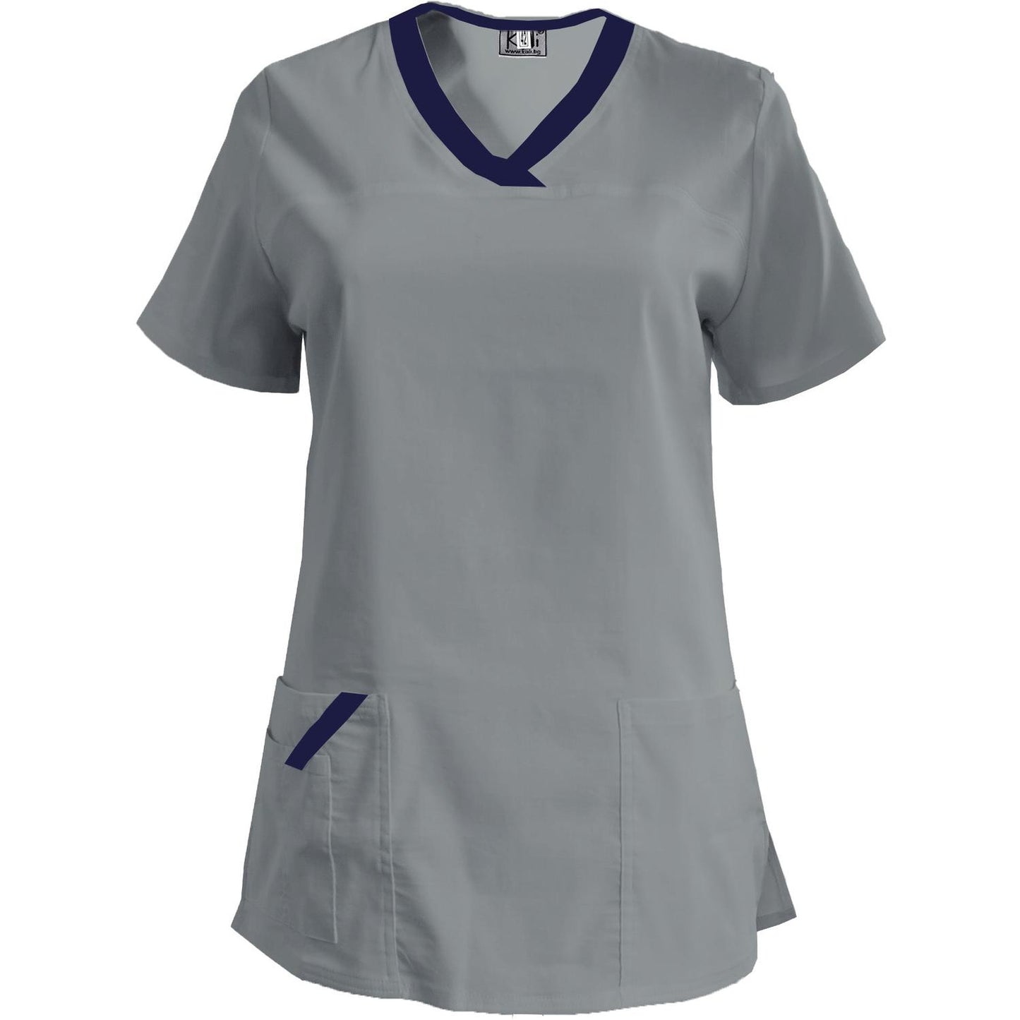 Дамска еластична туника - светло сива с кант тъмносин, модел FVE – Медицински облекла Кали