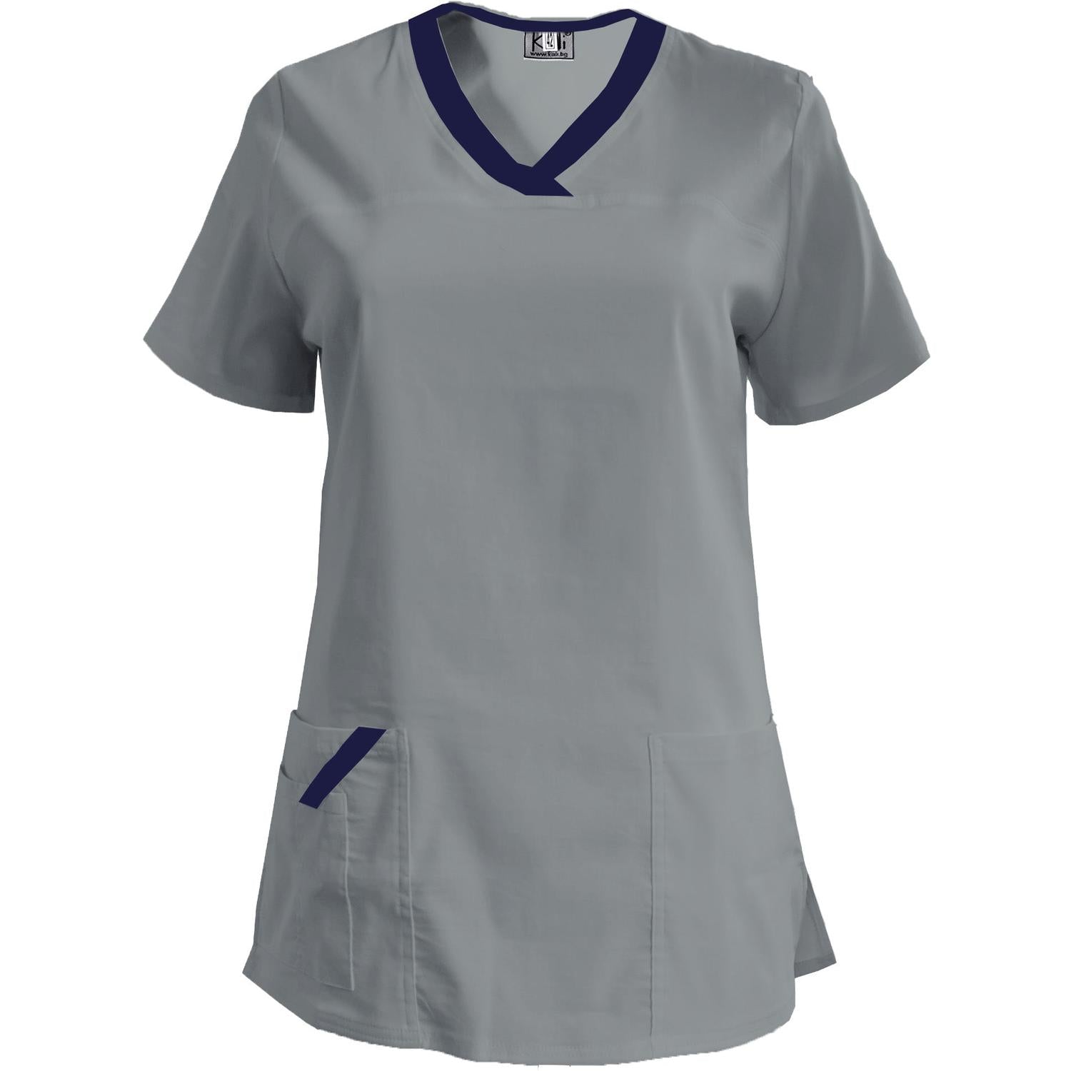 Дамска еластична туника - светло сива с кант тъмносин, модел FVE – Медицински облекла Кали