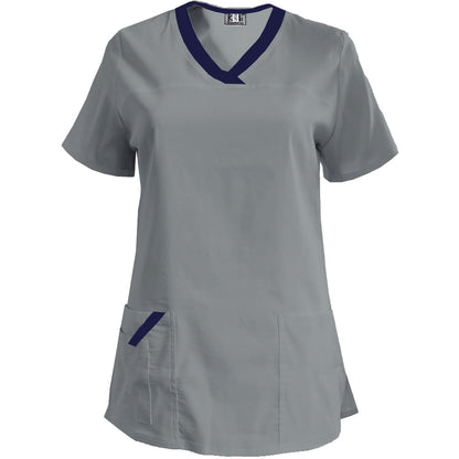 Дамска еластична туника - светло сива с кант тъмносин, модел FVE – Медицински облекла Кали