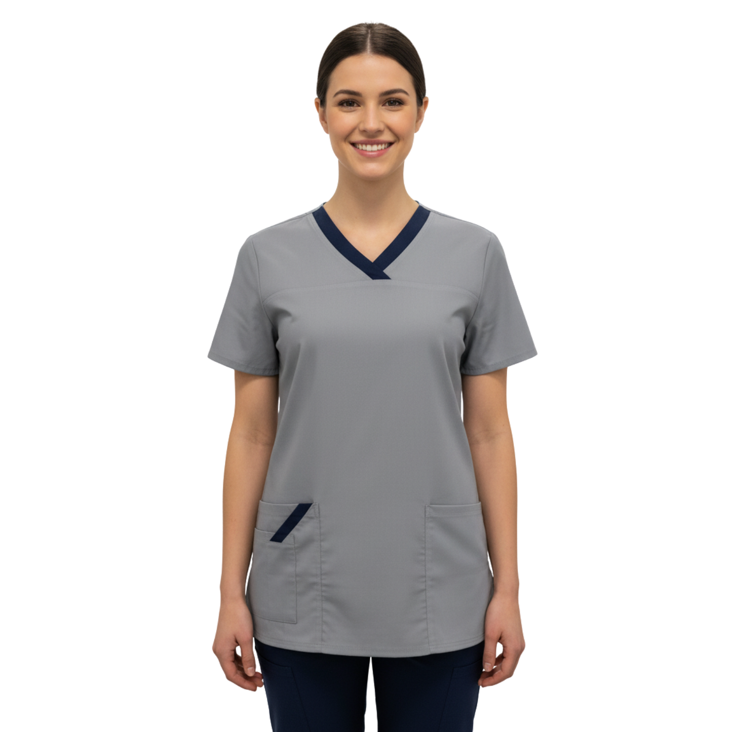 Дамска еластична туника - светло сива с кант тъмносин, модел FVE – Медицински облекла Кали