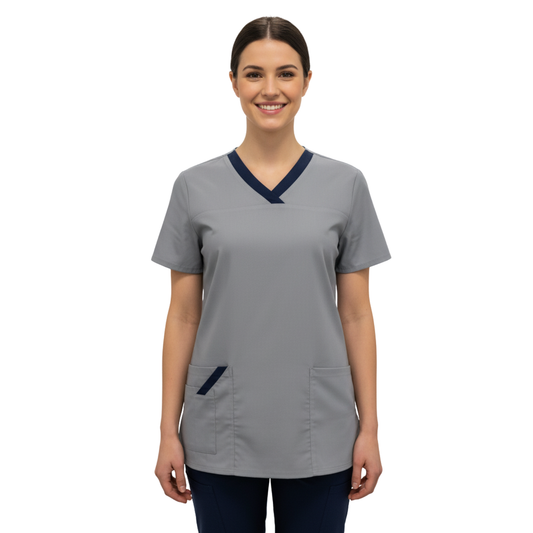 Дамска еластична туника - светло сива с кант тъмносин, модел FVE – Медицински облекла Кали