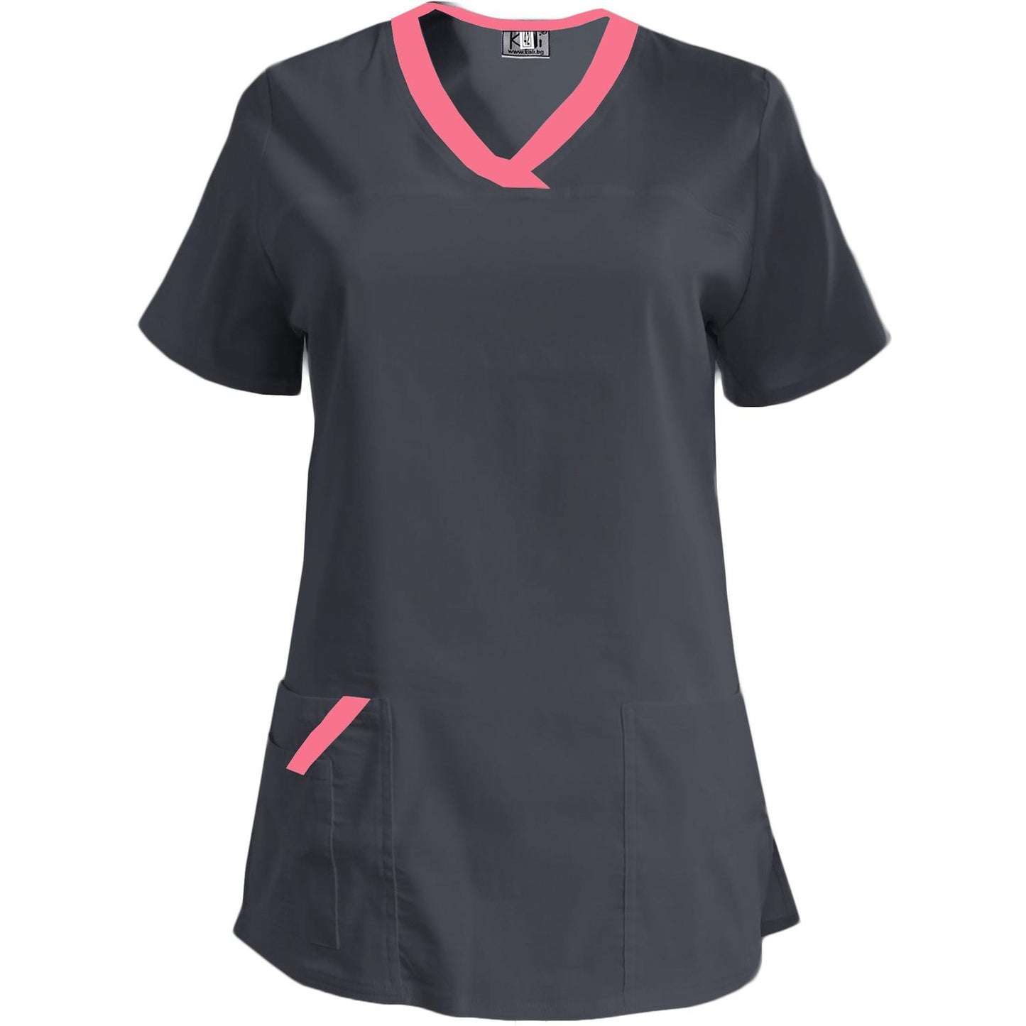 Дамска еластична туника - тъмно сива с кант неонова фуксия, модел FVE – Медицински облекла Кали
