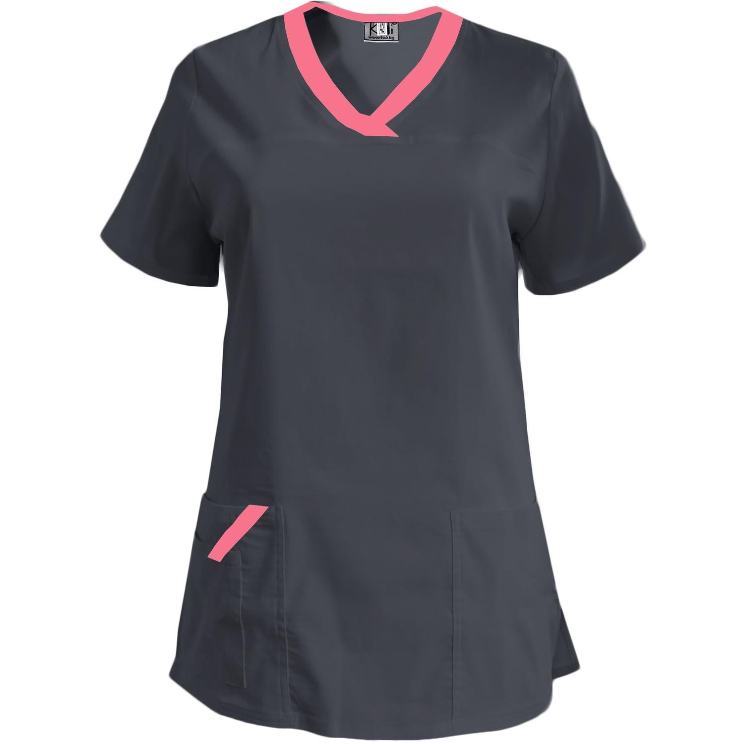 Дамска еластична туника - тъмно сива с кант неонова фуксия, модел FVE – Медицински облекла Кали