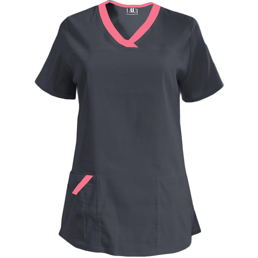 Дамска еластична туника - тъмно сива с кант неонова фуксия, модел FVE – Медицински облекла Кали