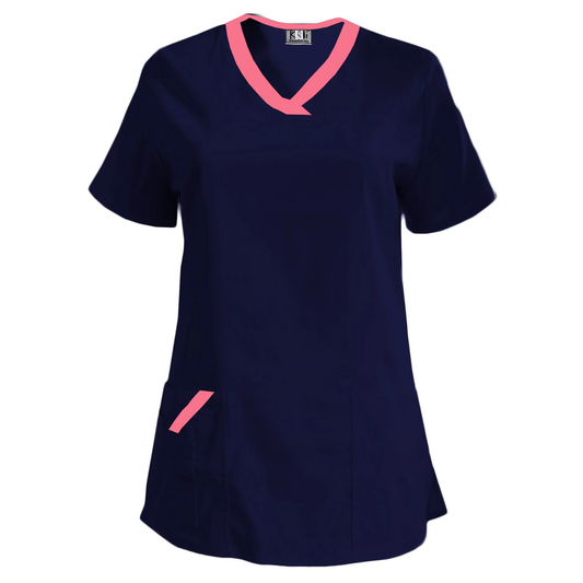 Дамска еластична туника - тъмносиня с кант неонова фуксия, модел FVE – Медицински облекла Кали