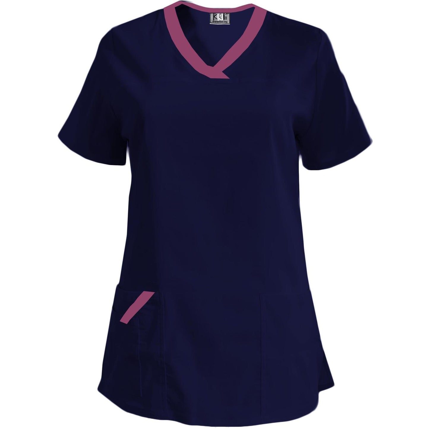 Дамска еластична туника - тъмносиня с кант слива, модел FVE – Медицински облекла Кали