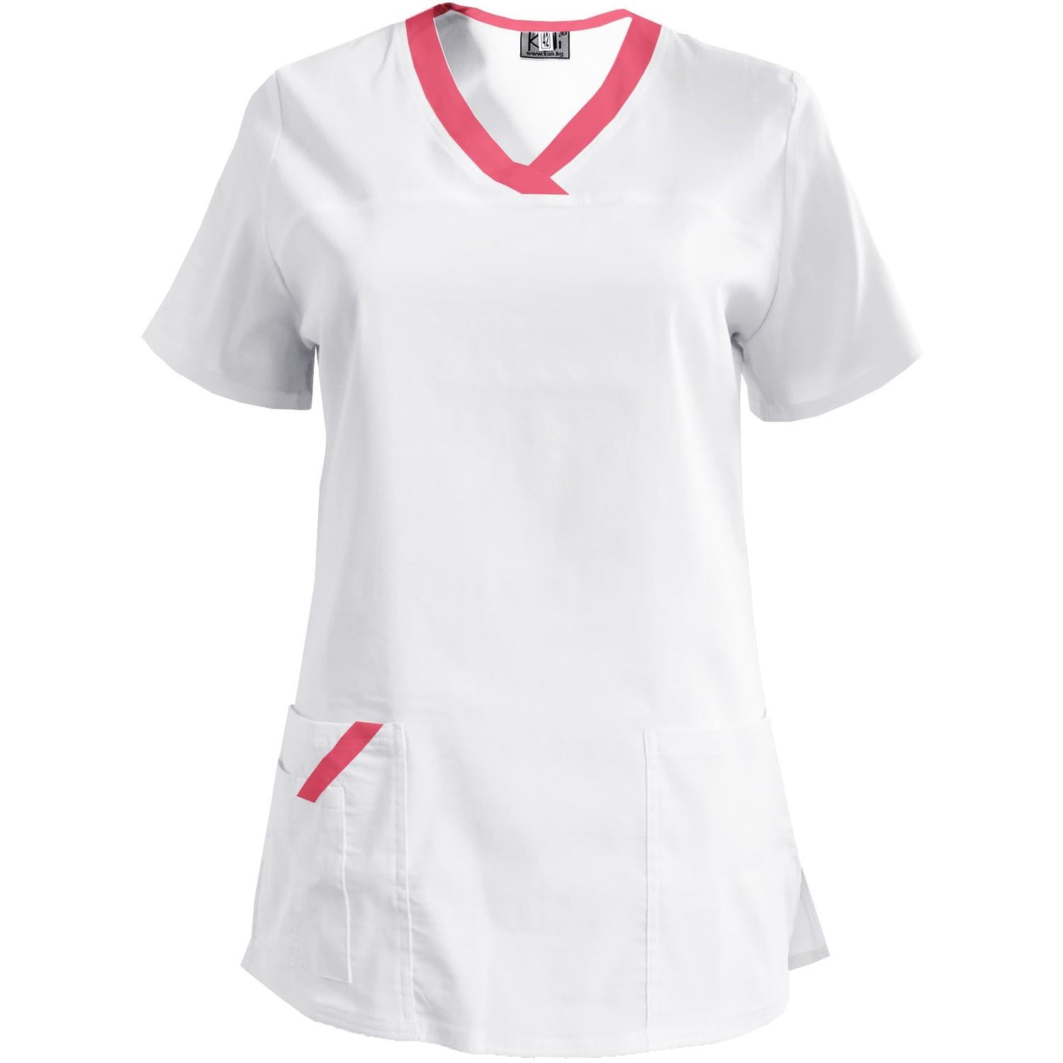 Дамска еластична туника - цвят бял с кант неонова фуксия, модел FVE – Медицински облекла Кали