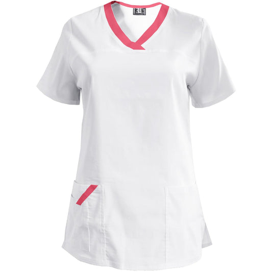 Дамска еластична туника - цвят бял с кант неонова фуксия, модел FVE – Медицински облекла Кали