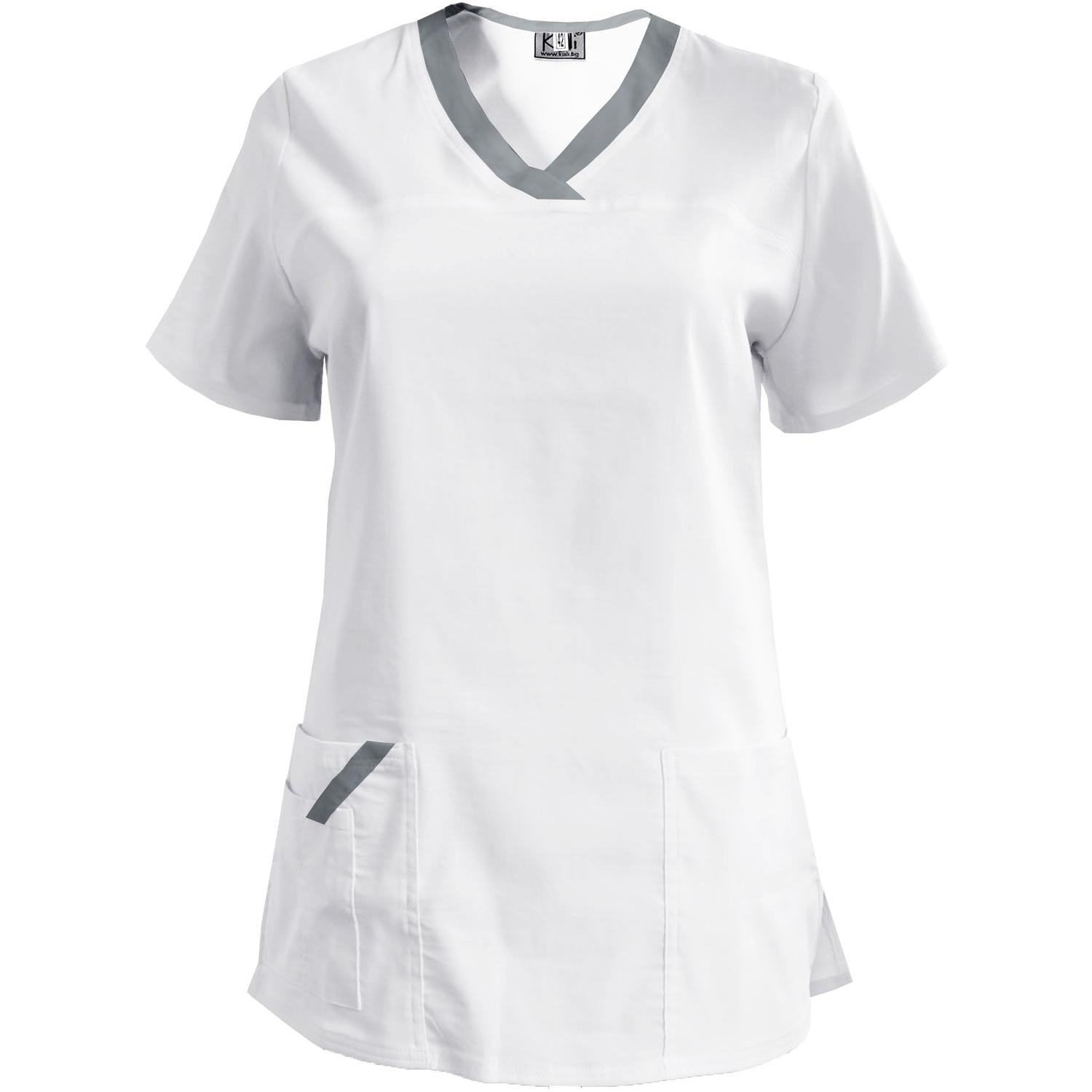 Дамска еластична туника - цвят бял с кант светло сив, модел FVE – Медицински облекла Кали