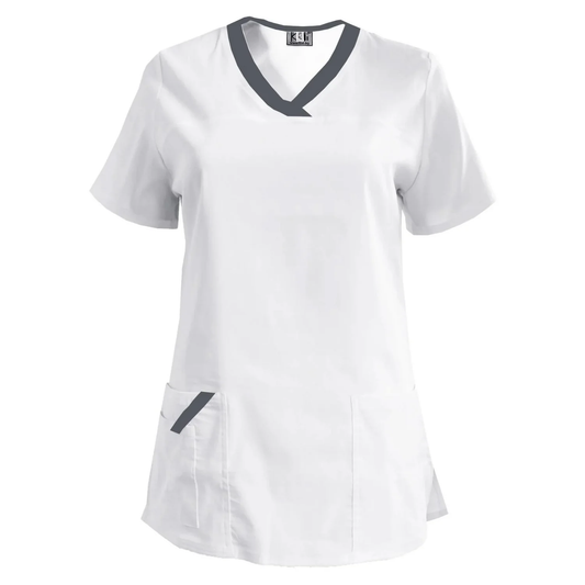 Дамска еластична туника - цвят бял с кант тъмно сив, модел FVE – Медицински облекла Кали
