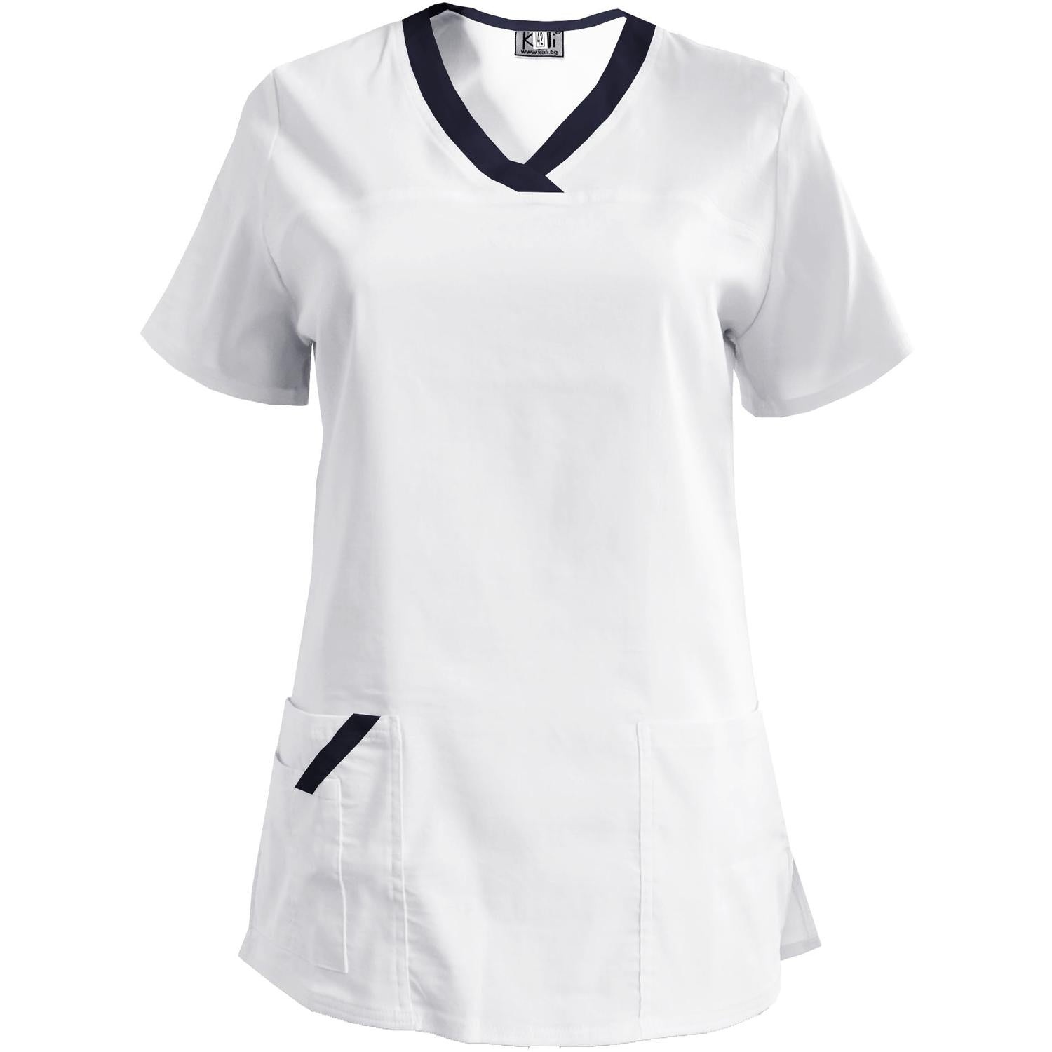Дамска еластична туника - цвят бял с кант тъмносин, модел FVE – Медицински облекла Кали