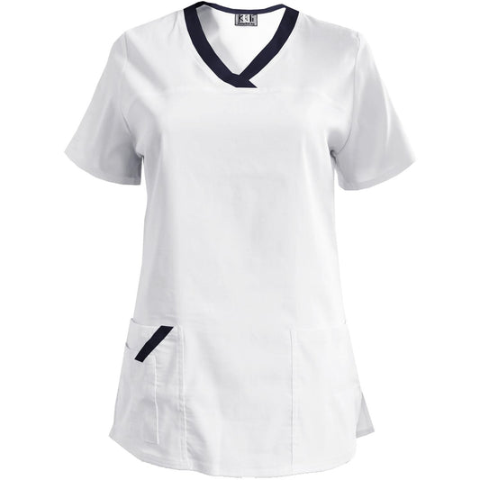 Дамска еластична туника - цвят бял с кант тъмносин, модел FVE – Медицински облекла Кали