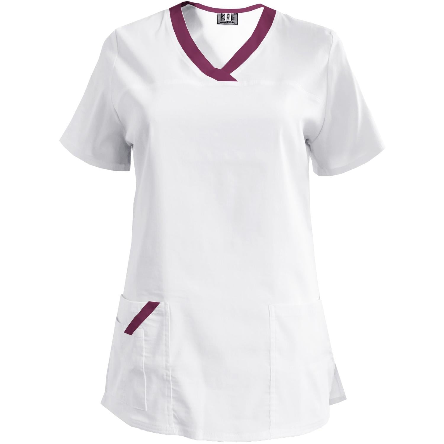 Дамска еластична туника - цвят бял с кант цвят слива, модел FVE – Медицински облекла Кали