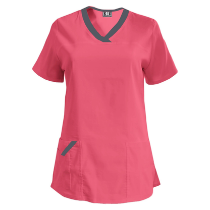 Дамска еластична туника - цвят неонова фуксия с кант тъмно сив, модел FVE – Медицински облекла Кали