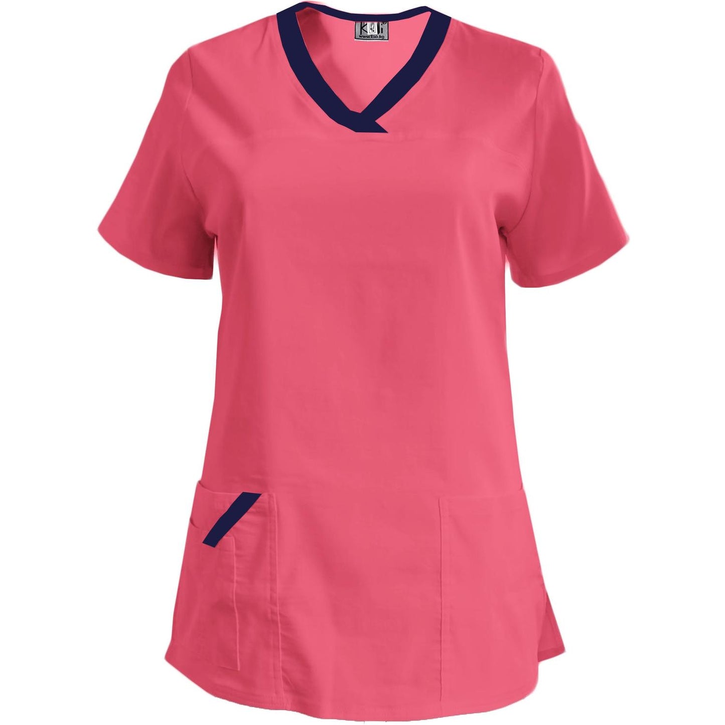 Дамска еластична туника - цвят неонова фуксия с кант тъмносин, модел FVE – Медицински облекла Кали