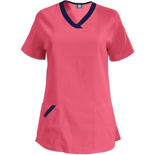 Дамска еластична туника - цвят неонова фуксия с кант тъмносин, модел FVE – Медицински облекла Кали