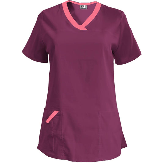 Дамска еластична туника - цвят слива с кант неонова фуксия, модел FVE – Медицински облекла Кали