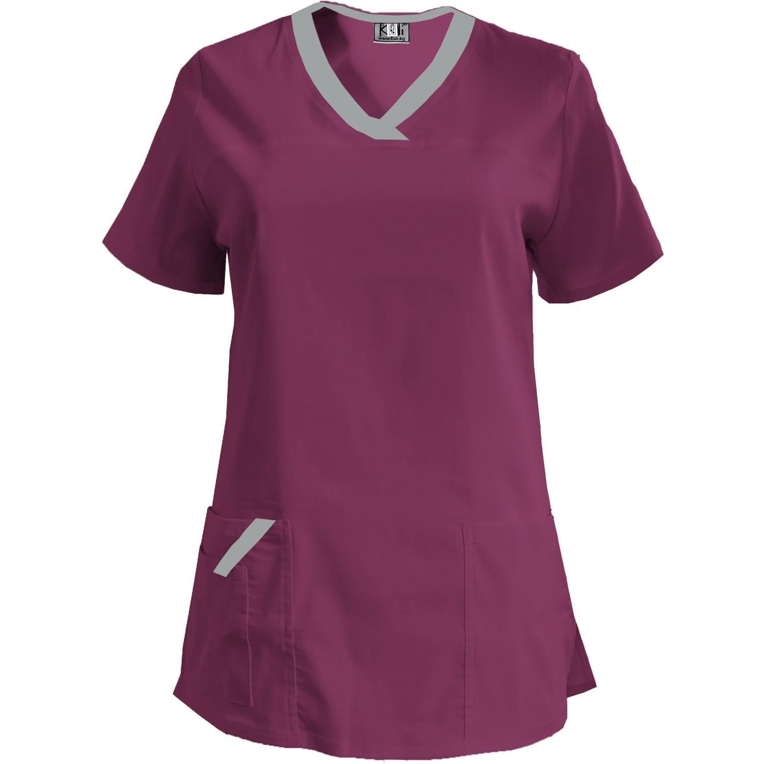 Дамска еластична туника - цвят слива с кант светло сив, модел FVE – Медицински облекла Кали