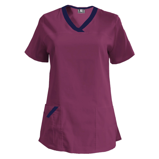 Дамска еластична туника - цвят слива с кант тъмносин, модел FVE – Медицински облекла Кали