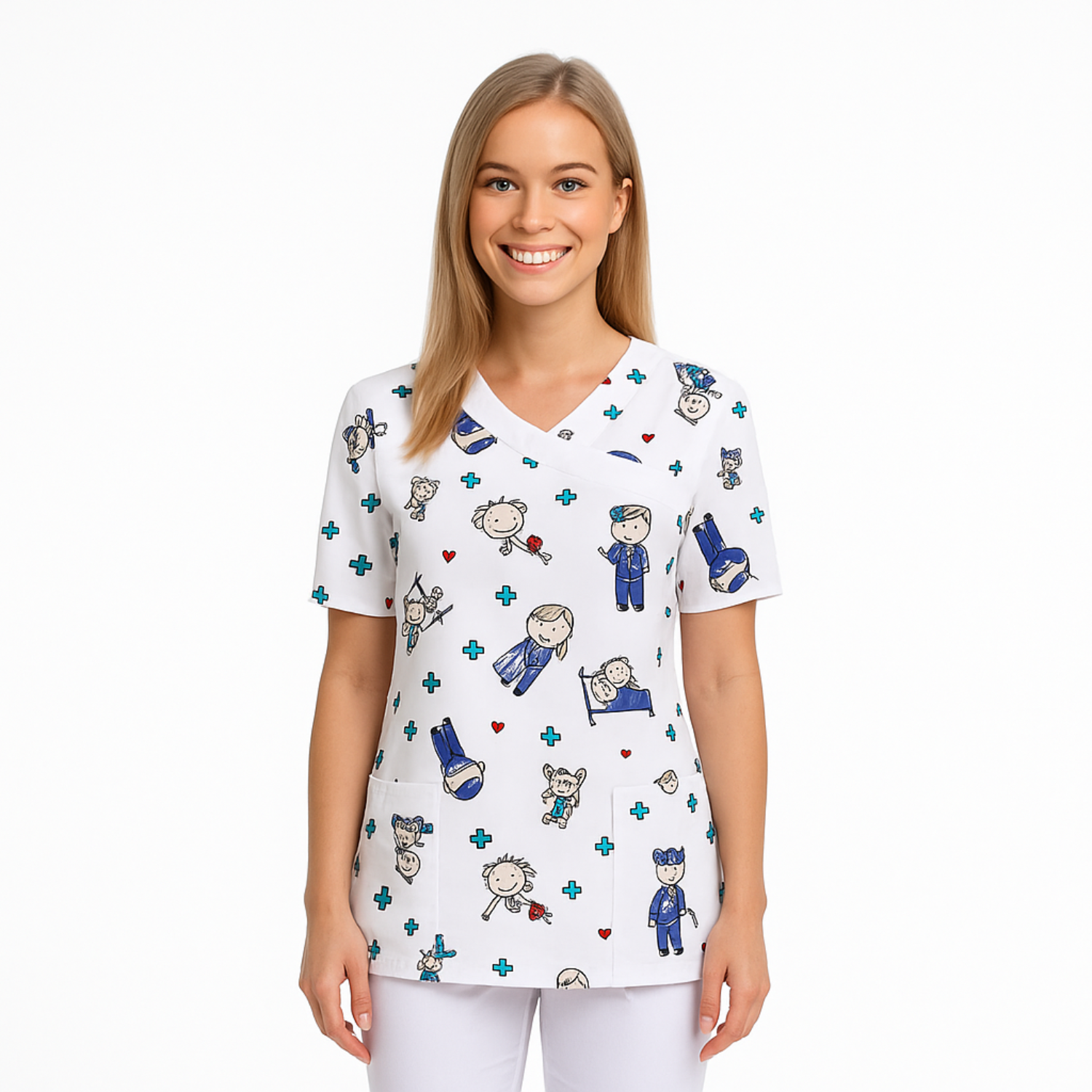 Дамска туника - човечета с бяла гарнитура, модел FVDL – Медицински облекла Кали