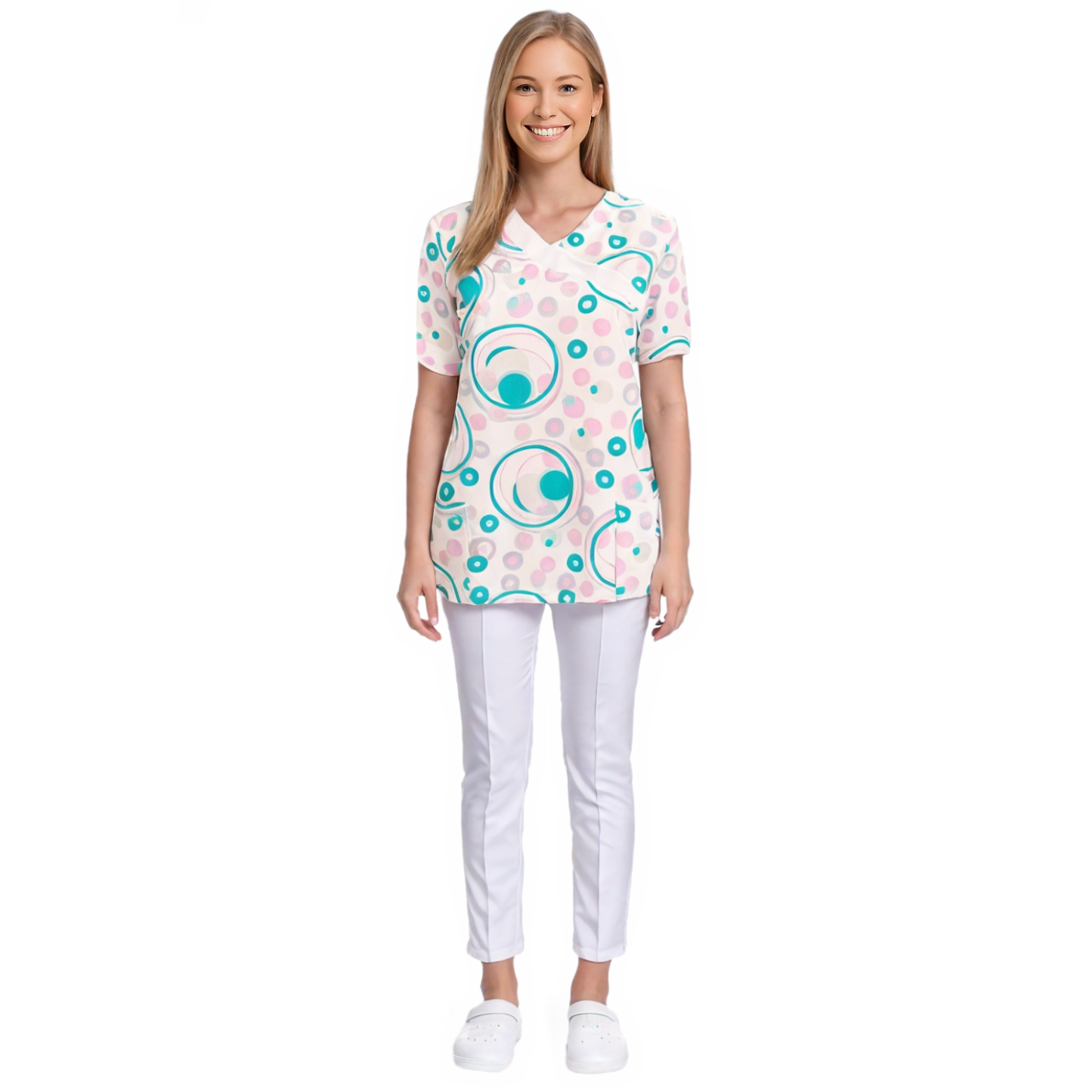 Дамска туника - кръгове с бяла гарнитура, модел FVDL – Медицински облекла Кали
