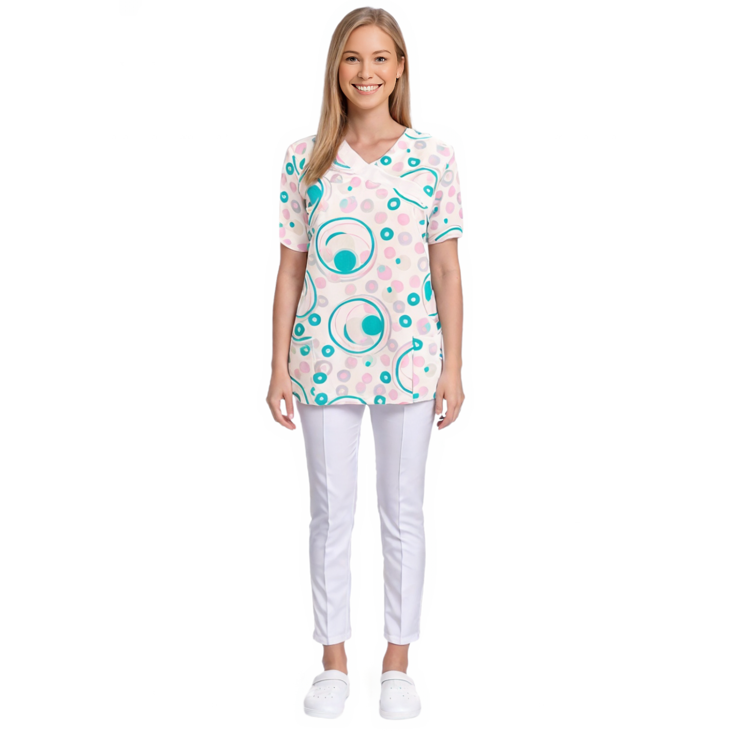 Дамска туника - кръгове с бяла гарнитура, модел FVDL – Медицински облекла Кали